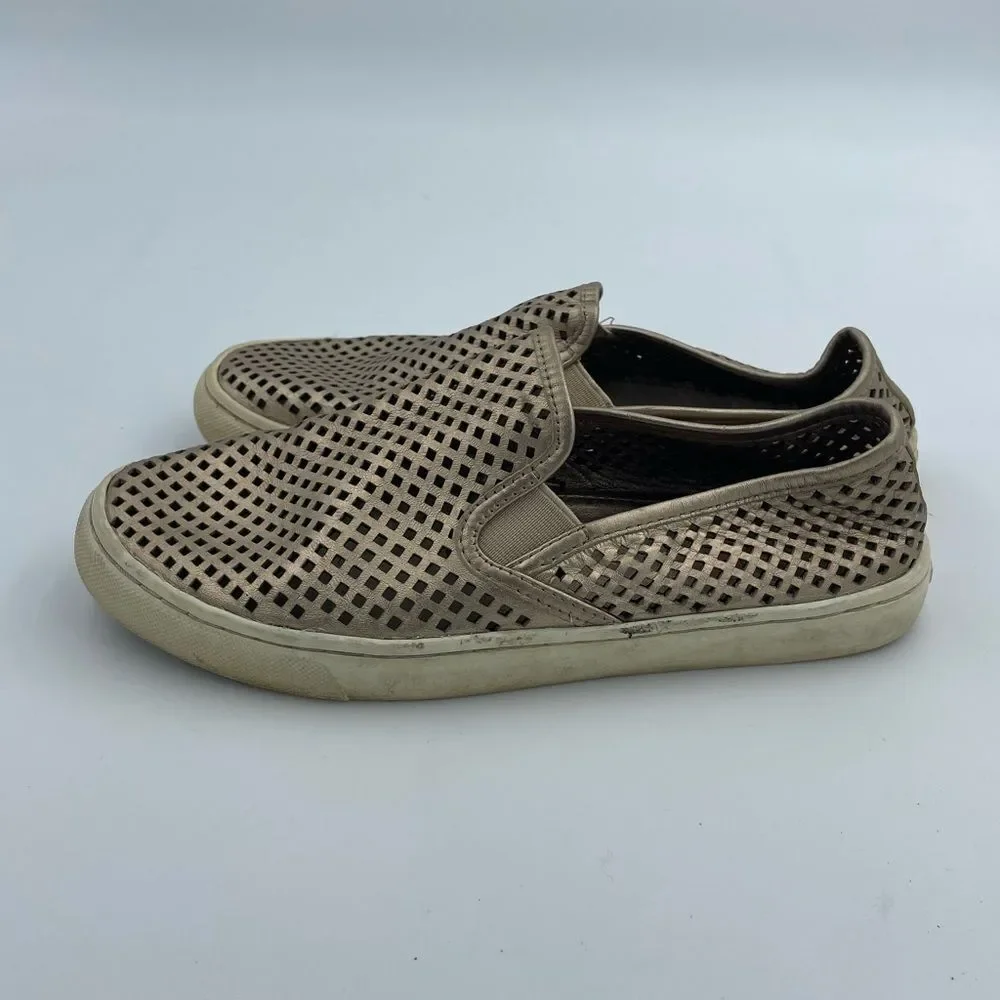 Tory Burch Jesse Gold Metallic Leather Perforated Slip On Shoes - Picture 4 of 6